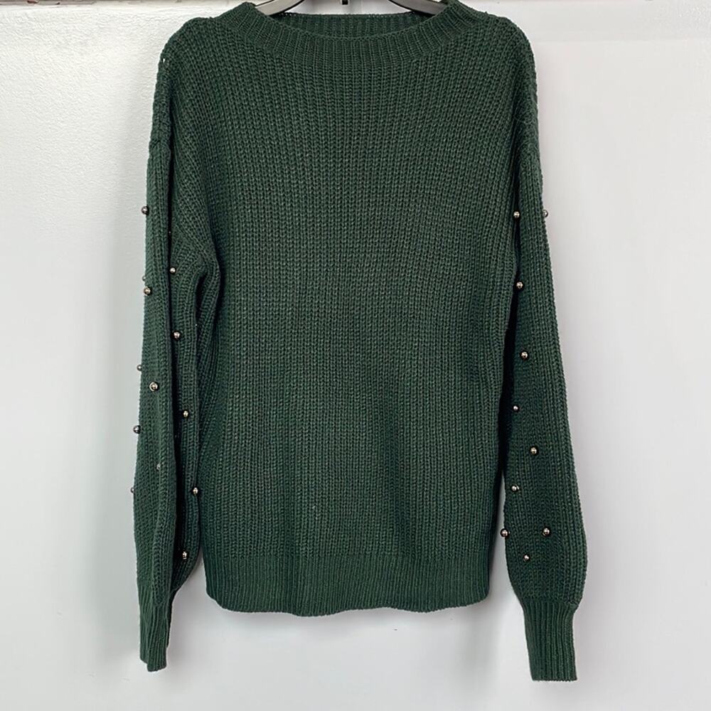 a.n.a Crewneck Knit Beaded Hunter Green Sweater Long Sleeves Blouse NWOT